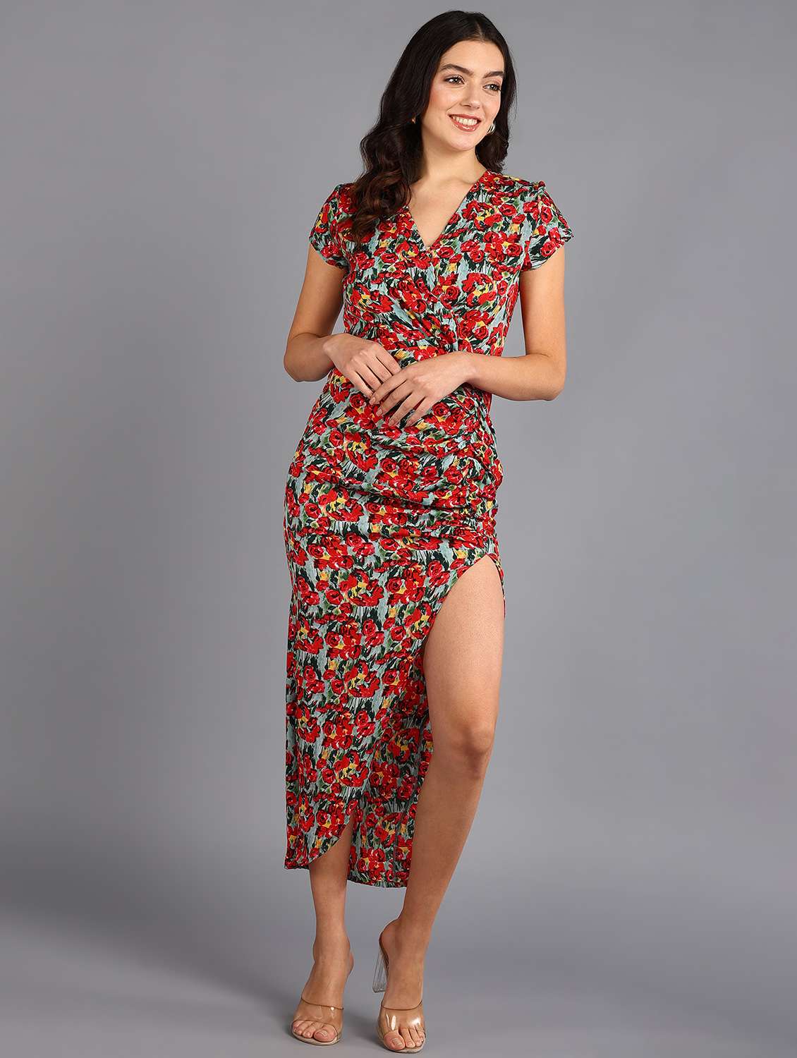 women printed puff sleeves high slit dress