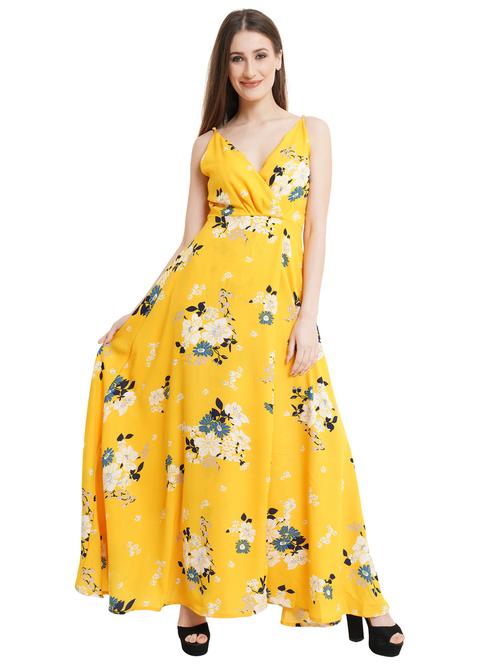 women yellow floral printed fit & flare dress - 21746829 - Standard Image - 0