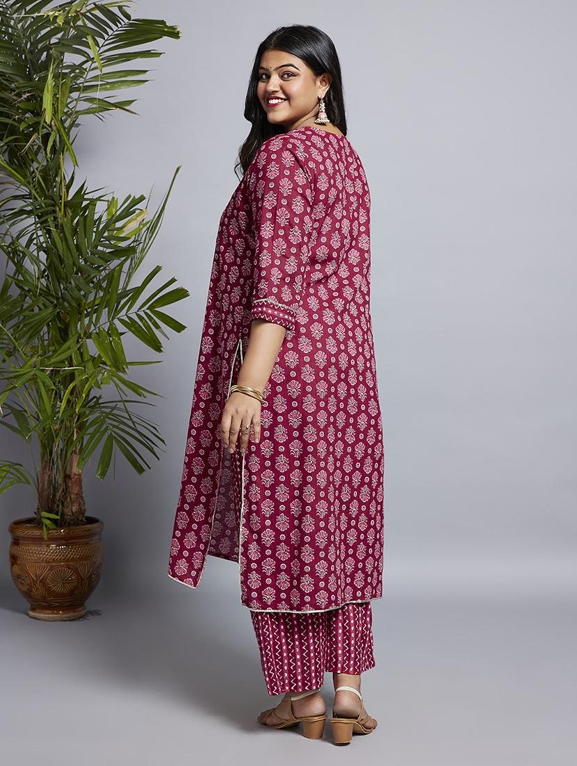 gloplus women pink keyhole neck floral printed gotta lace detail straight plus size kurta & pants workwear set - 21746844 - Standard Image - 2
