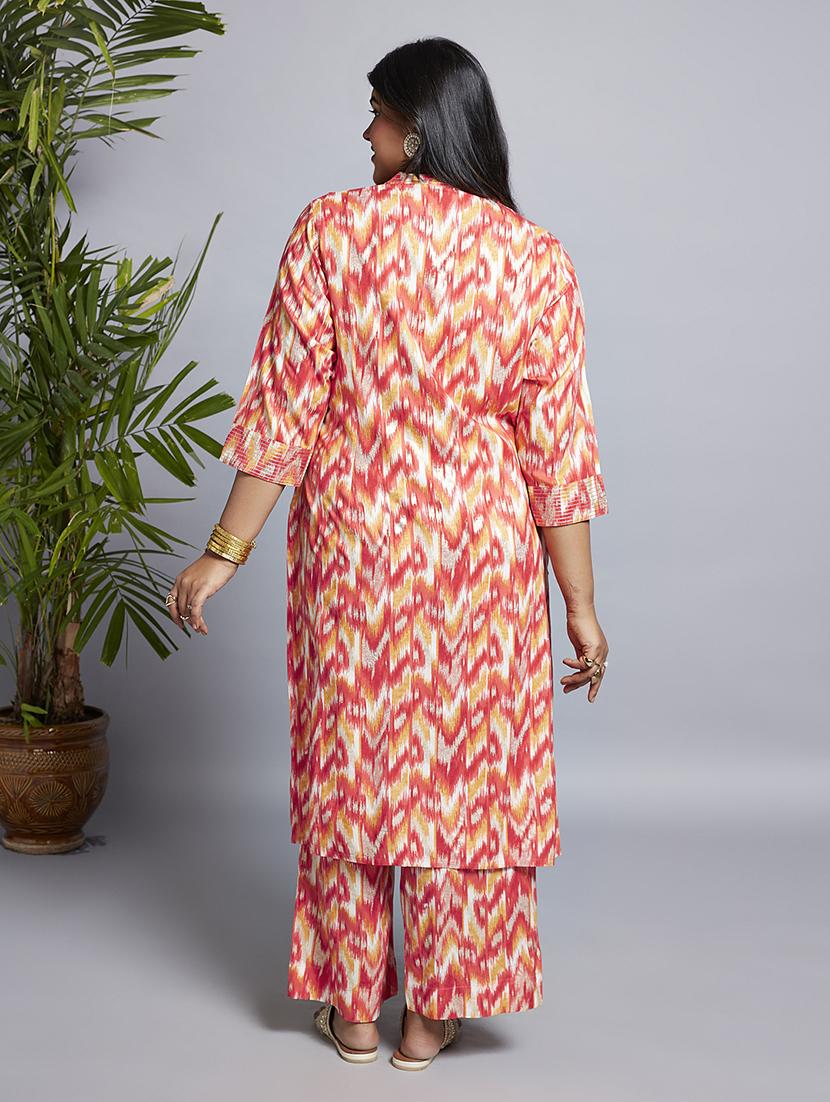 gloplus women red mandarin neck chevron print zari detail straight plus size kurta & wide leg pants workwear set - 21746845 - Standard Image - 2
