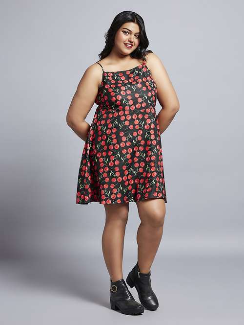 gloplus women red cherry print square neck strappy sleeves a-line mini plus size dress - 21746876 -  Standard Image - 0