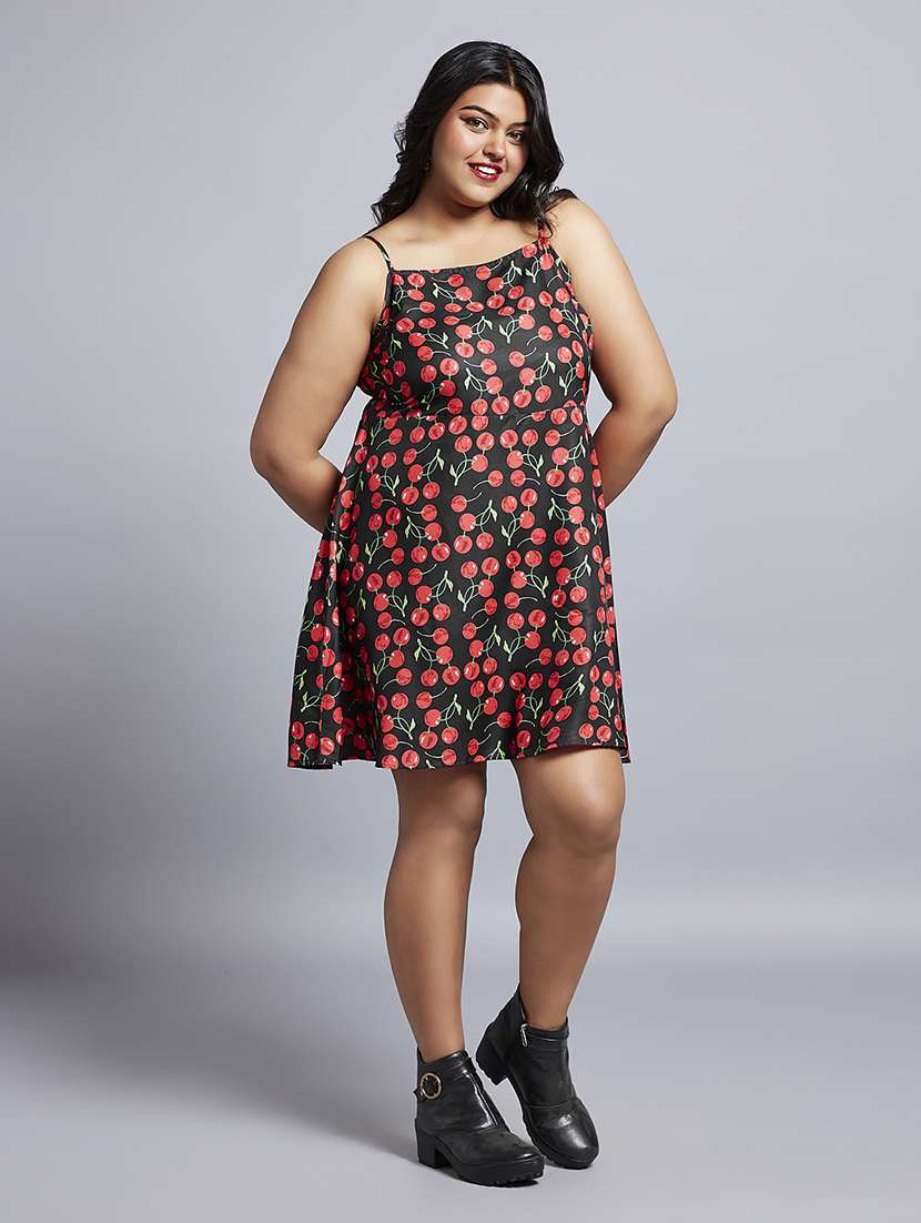 gloplus women red cherry print square neck strappy sleeves a-line mini plus size dress - 21746876 -  Zoom Image - 0
