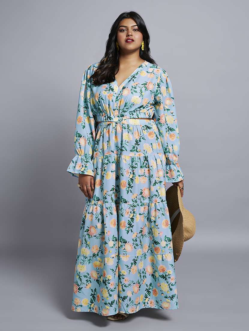 gloplus women blue floral print v-neck bishop sleeves cut-out detail tiered fit & flare plus size maxi dress - 21746880 -  Zoom Image - 0
