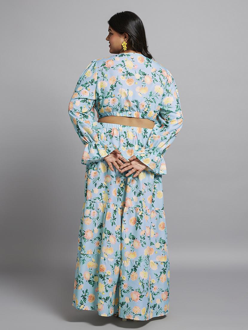 gloplus women blue floral print v-neck bishop sleeves cut-out detail tiered fit & flare plus size maxi dress - 21746880 - Standard Image - 2