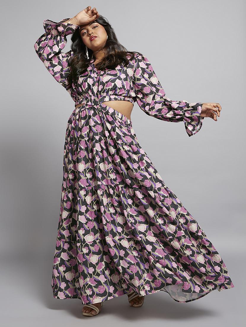 gloplus women blue floral print v-neck bishop sleeves cut-out detail tiered fit & flare plus size maxi dress - 21746881 - Zoom Image - 0