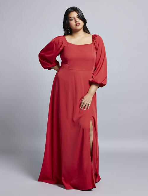 gloplus women red square neck bishop sleeves flared hem side slit a-line plus size maxi party dress - 21746885 -  Standard Image - 0