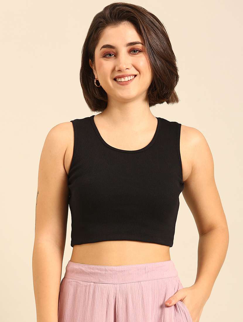 women solid sleeveless crop tank top - 21747015 - Zoom Image - 0