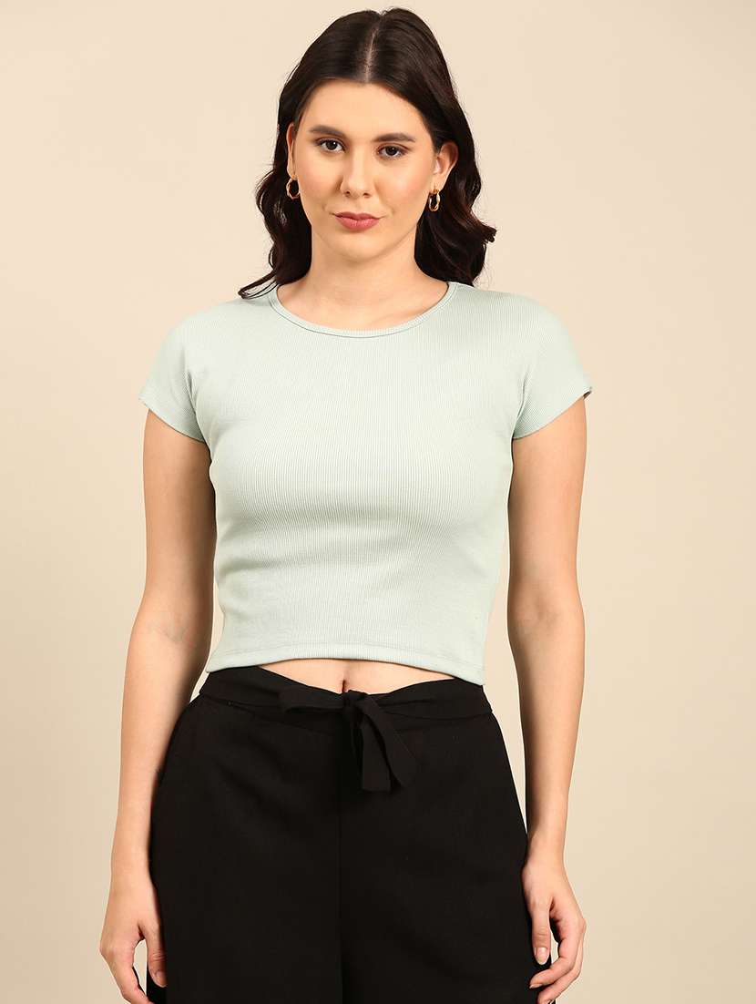 women solid short sleeves crop top