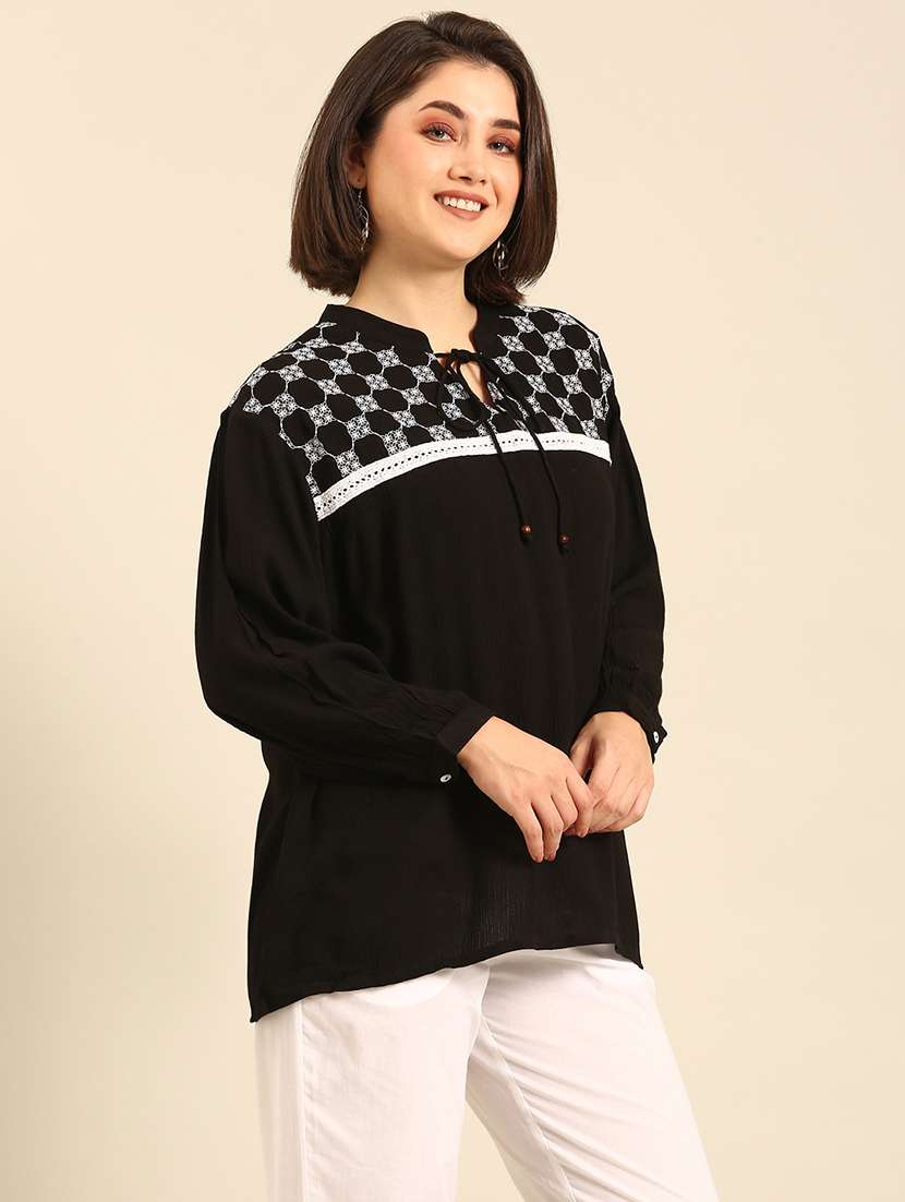 women embroidered puff sleeves a-line top - 21747024 -  Standard Image - 2