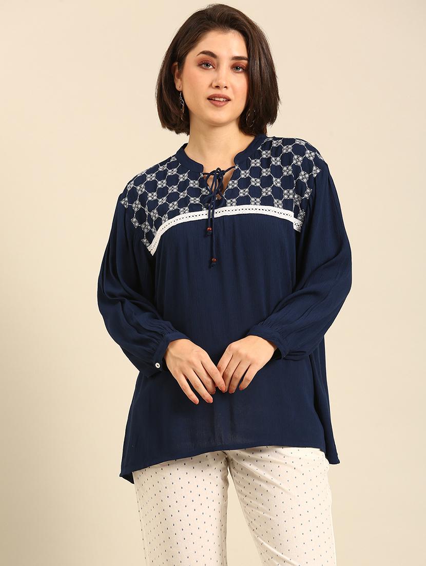 women embroidered puff sleeves a-line top - 21747025 -  Zoom Image - 0
