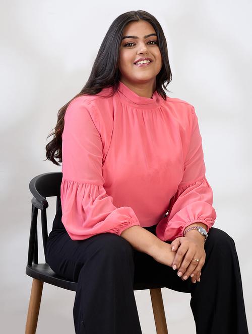 gloplus women pink tie-up high neck bishop sleeves georgette plus size workwear top - 21747116 - Standard Image - 0