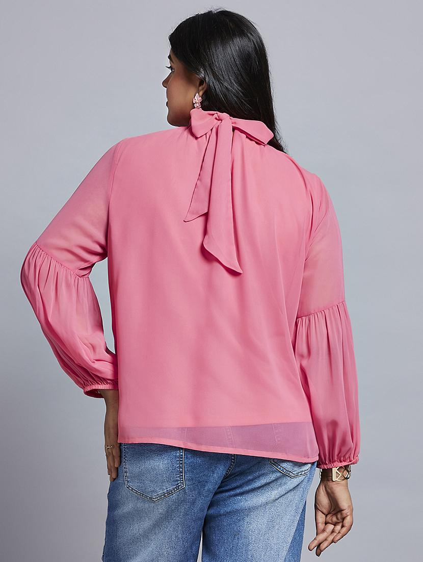 gloplus women pink tie-up high neck bishop sleeves georgette plus size workwear top - 21747116 - Standard Image - 2