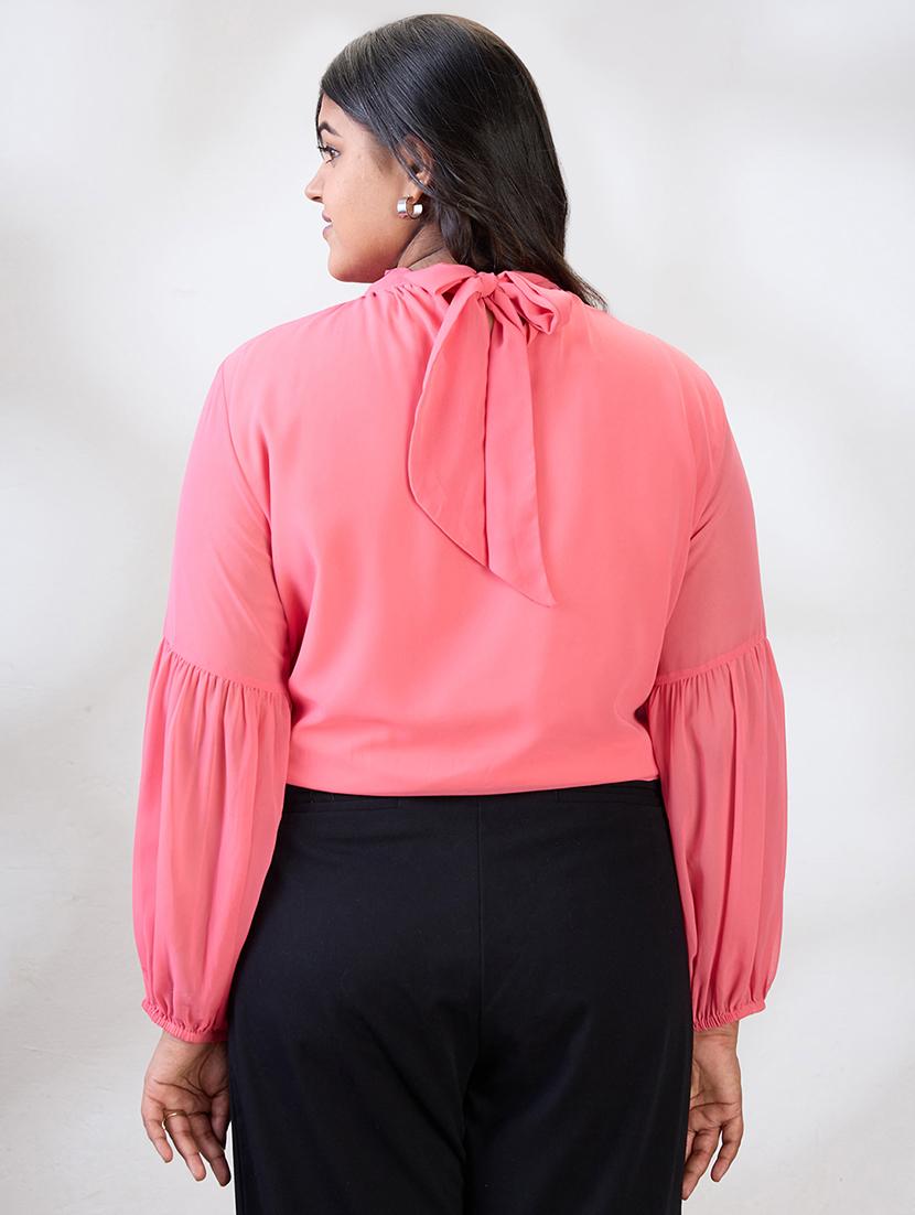 gloplus women pink tie-up high neck bishop sleeves georgette plus size workwear top - 21747116 - Standard Image - 2