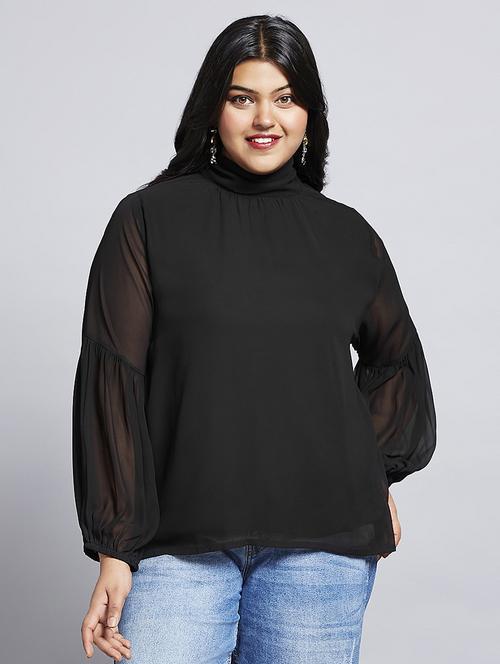 gloplus women black tie-up high neck bishop sleeves georgette plus size workwear top - 21747117 - Standard Image - 0