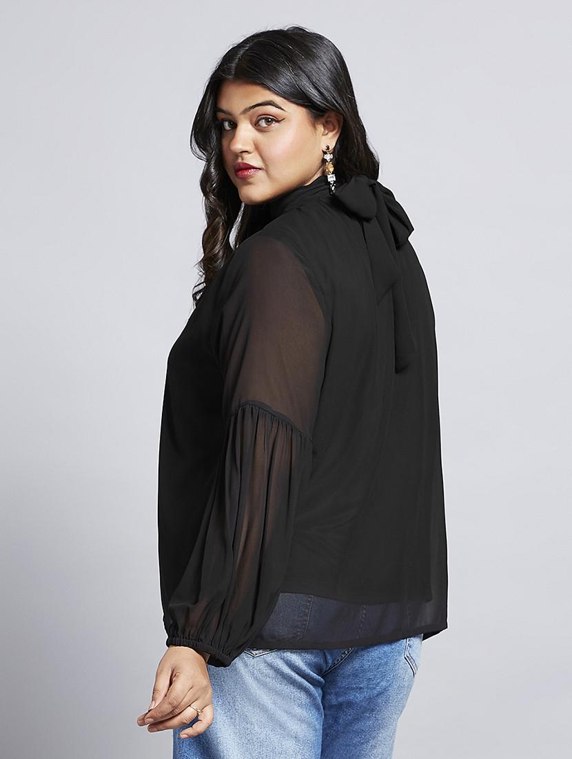 gloplus women black tie-up high neck bishop sleeves georgette plus size workwear top - 21747117 - Standard Image - 2