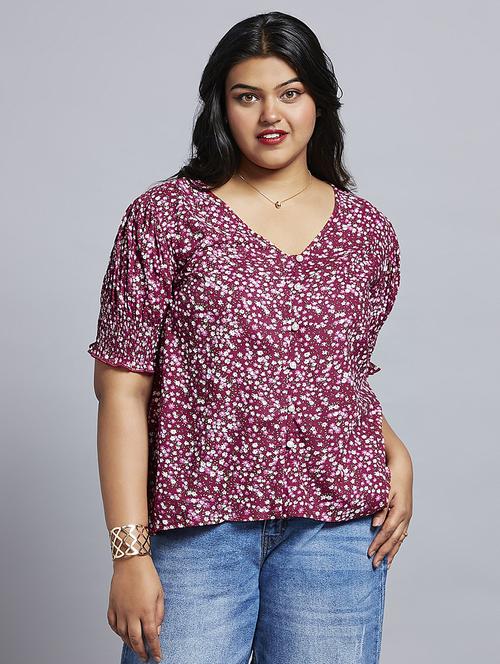gloplus women pink floral print v-neck puff sleeves plus size workwear top - 21747118 -  Standard Image - 0