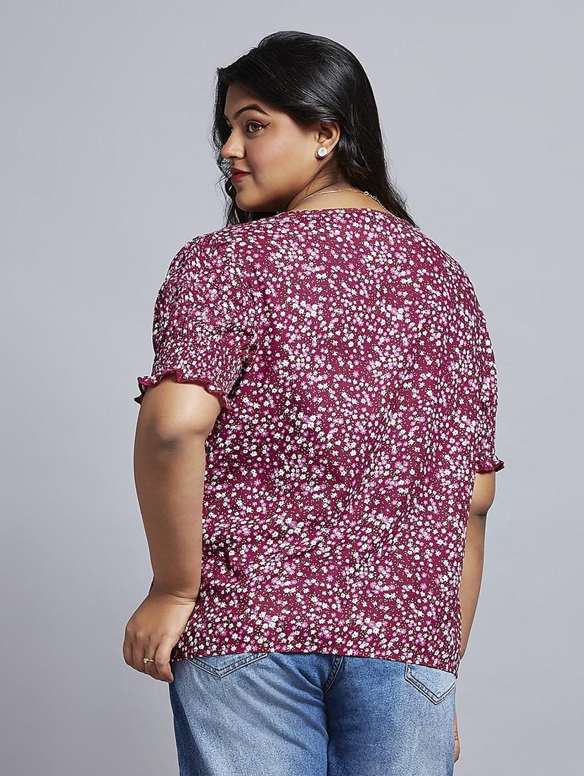 gloplus women pink floral print v-neck puff sleeves plus size workwear top - 21747118 - Standard Image - 2