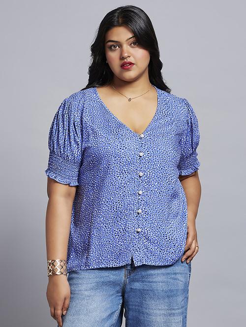 gloplus women blue abstract print v-neck puff sleeves plus size workwear top - 21747119 - Standard Image - 0