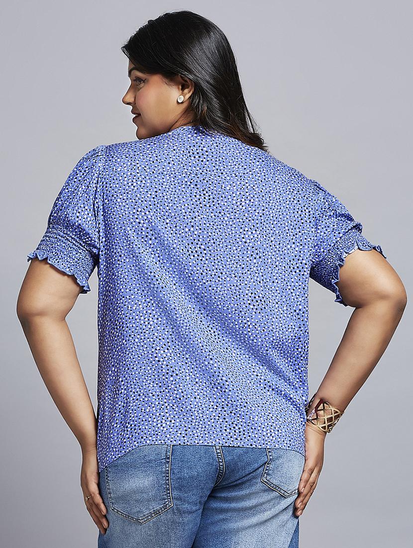gloplus women blue abstract print v-neck puff sleeves plus size workwear top - 21747119 - Standard Image - 2