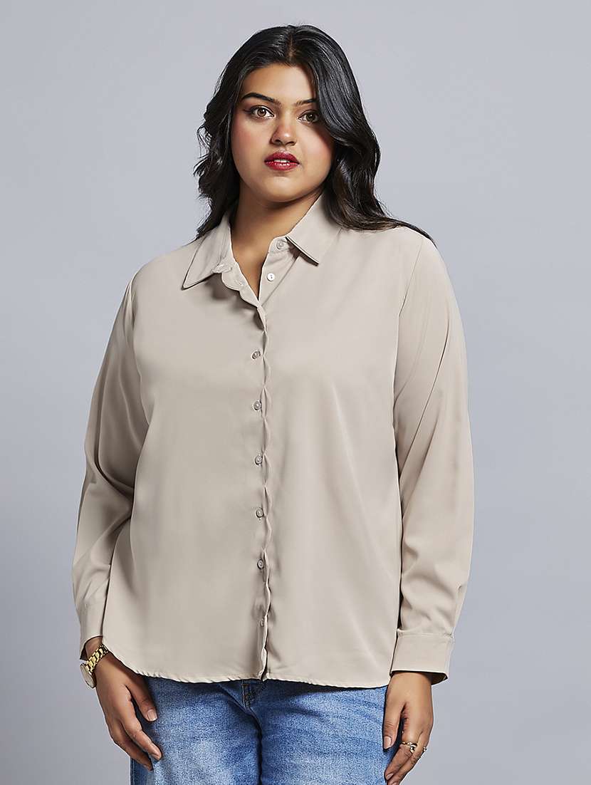 gloplus women beige collared neck cuff sleeves shirt style plus size workwear top