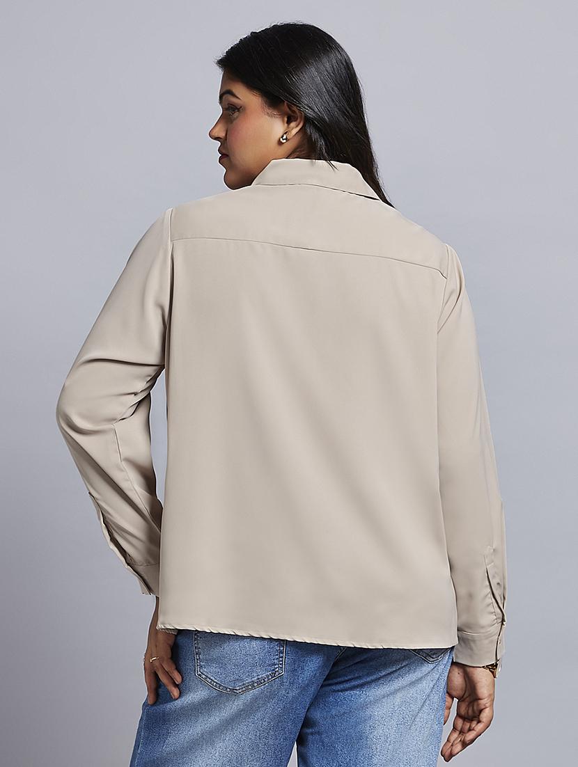 gloplus women beige collared neck cuff sleeves shirt style plus size workwear top - 21747120 - Standard Image - 2