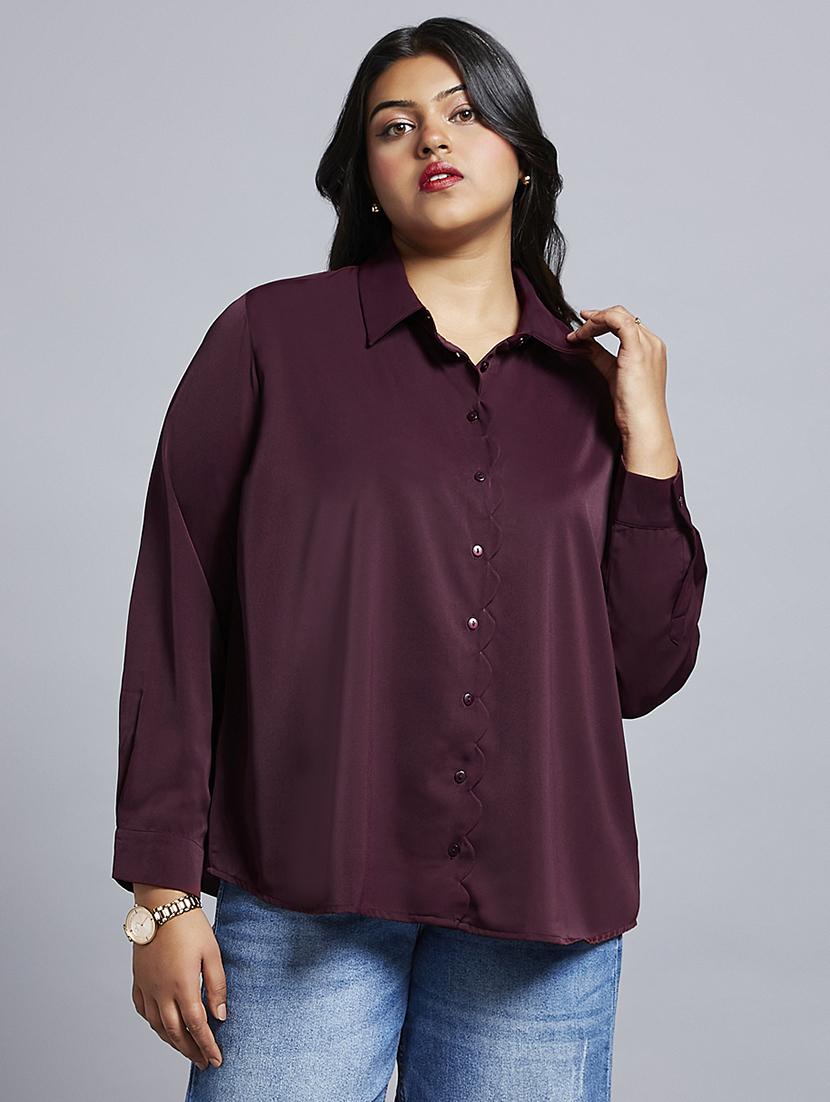 gloplus women burgundy collared neck cuff sleeves shirt style plus size workwear top - 21747121 - Zoom Image - 0