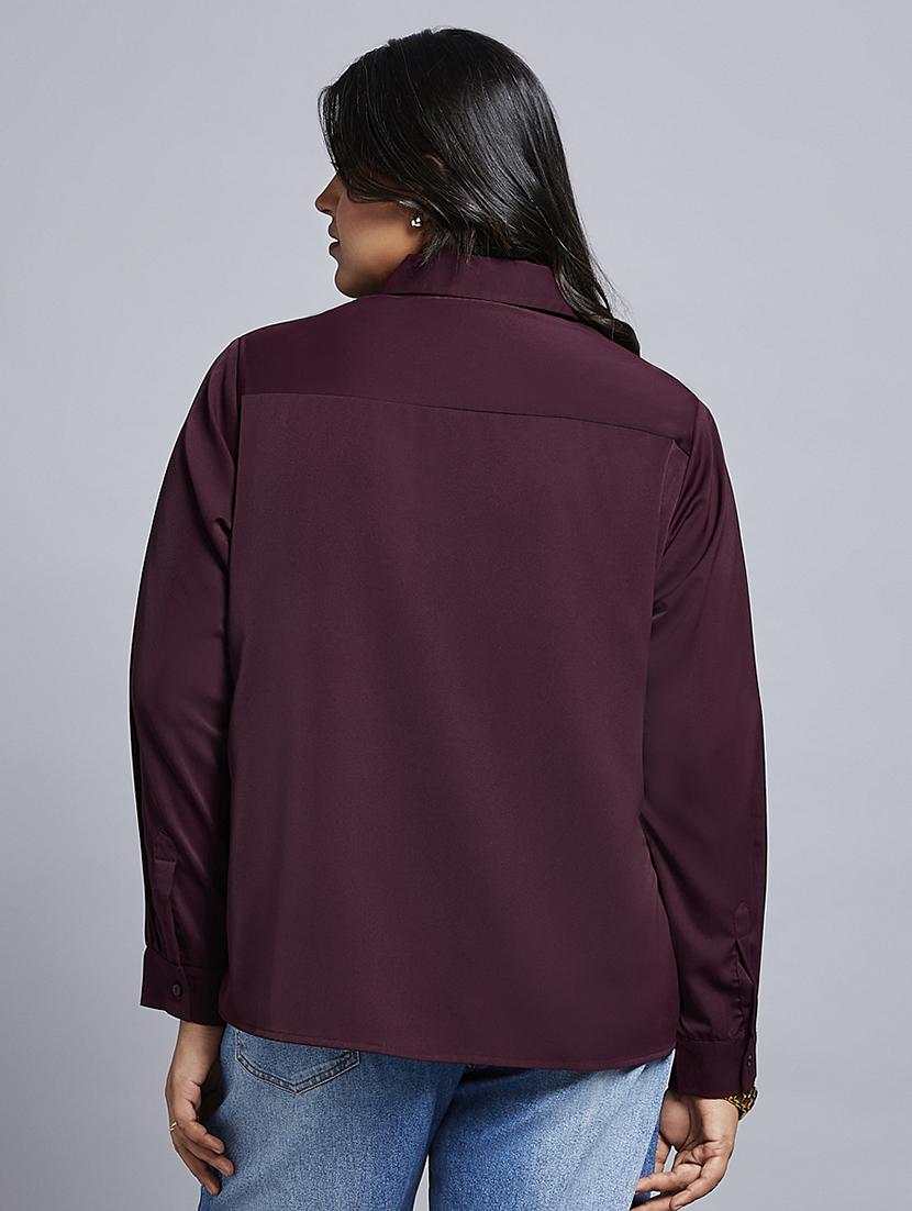 gloplus women burgundy collared neck cuff sleeves shirt style plus size workwear top - 21747121 - Standard Image - 2