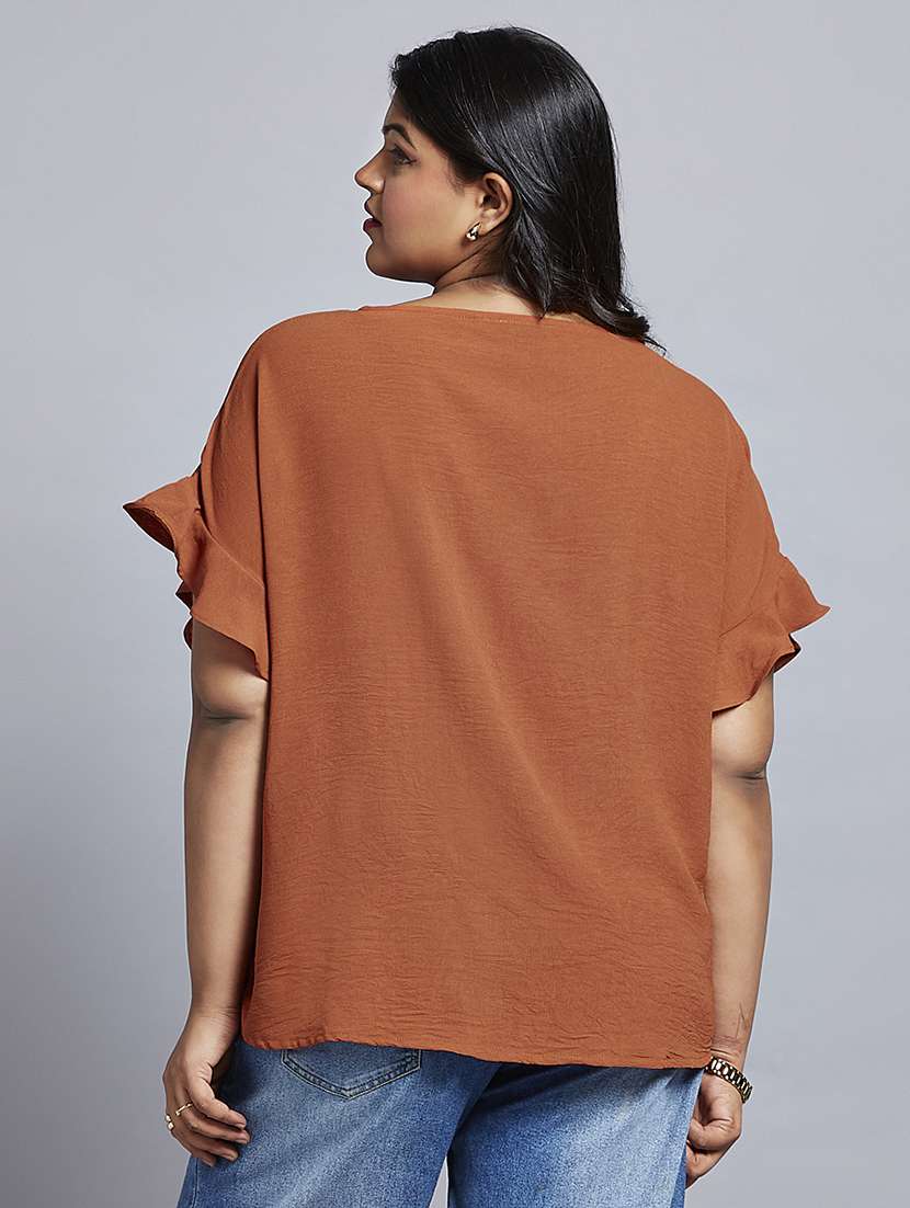 gloplus women rust round neck extended ruffle sleeves plus size workwear top - 21747122 -  Standard Image - 2