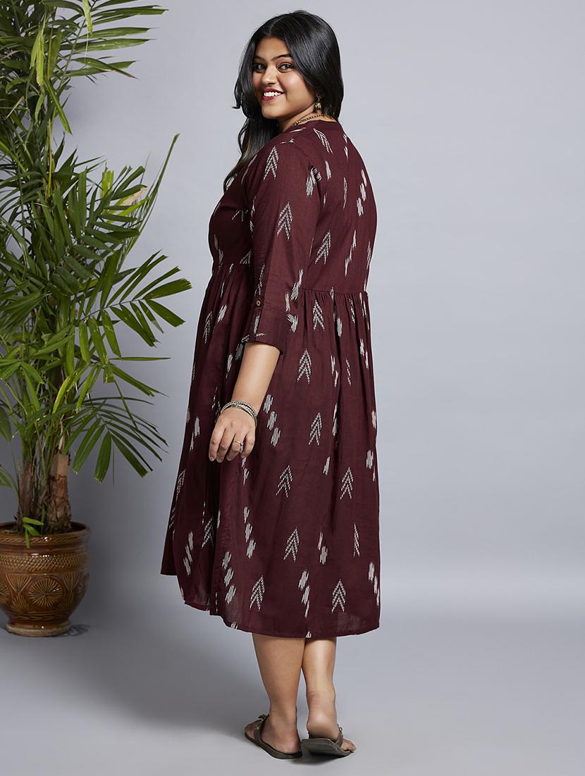 gloplus women maroon printed mandarin collar roll-up sleeves a-line midi plus size workwear dress - 21747125 - Standard Image - 2