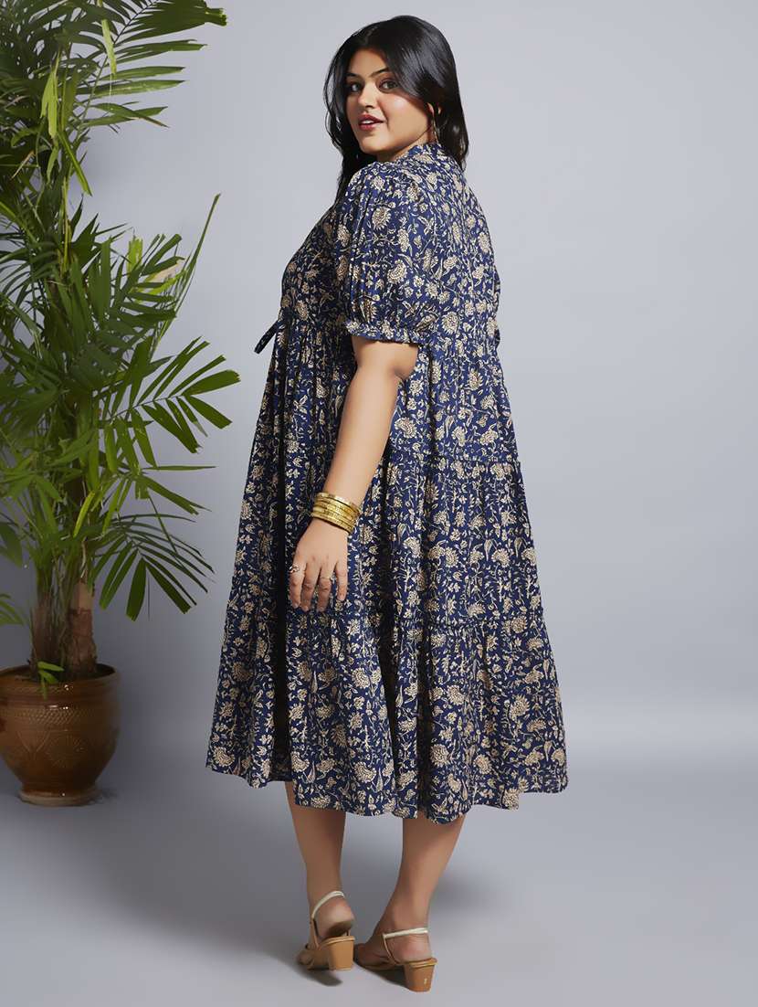 gloplus women blue mandarin collar puff sleeves floral print waist tie-ups a-line midi plus size workwear dress - 21747130 -  Standard Image - 2