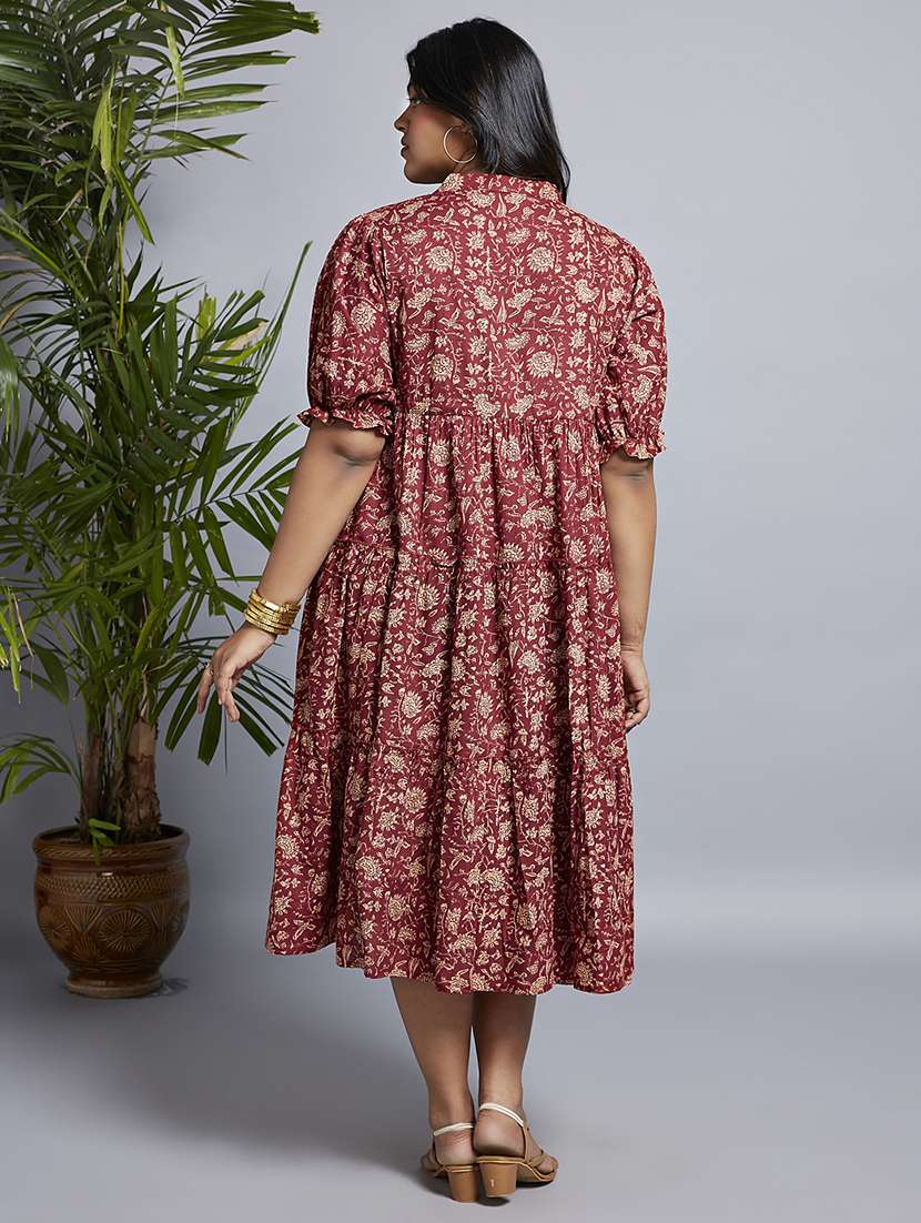 gloplus women maroon mandarin collar puff sleeves floral print waist tie-ups a-line midi plus size workwear dress - 21747131 - Standard Image - 2