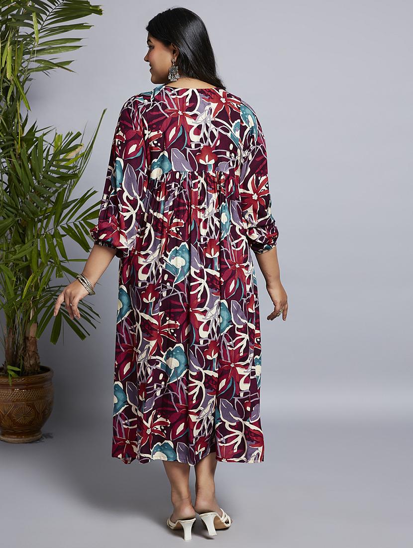 gloplus women wine v-neck floral print gathered a-line plus size midi fusion dress - 21747132 - Standard Image - 2