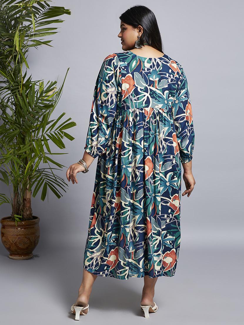 gloplus women navy blue v-neck floral print gathered a-line plus size midi fusion dress - 21747133 - Standard Image - 2