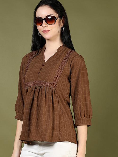 women brown checkered v neck top - 21747512 -  Standard Image - 0