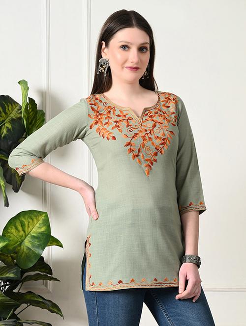 women notch neck embroidered straight kurti - 21747720 - Standard Image - 0