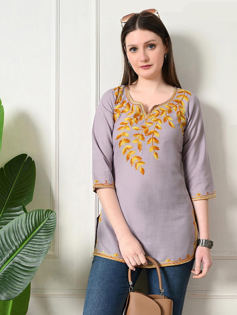 women notch neck embroidered straight kurti