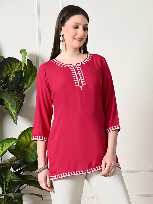 women notch neck embroidered straight kurti - 21747725 - Standard Image - 0