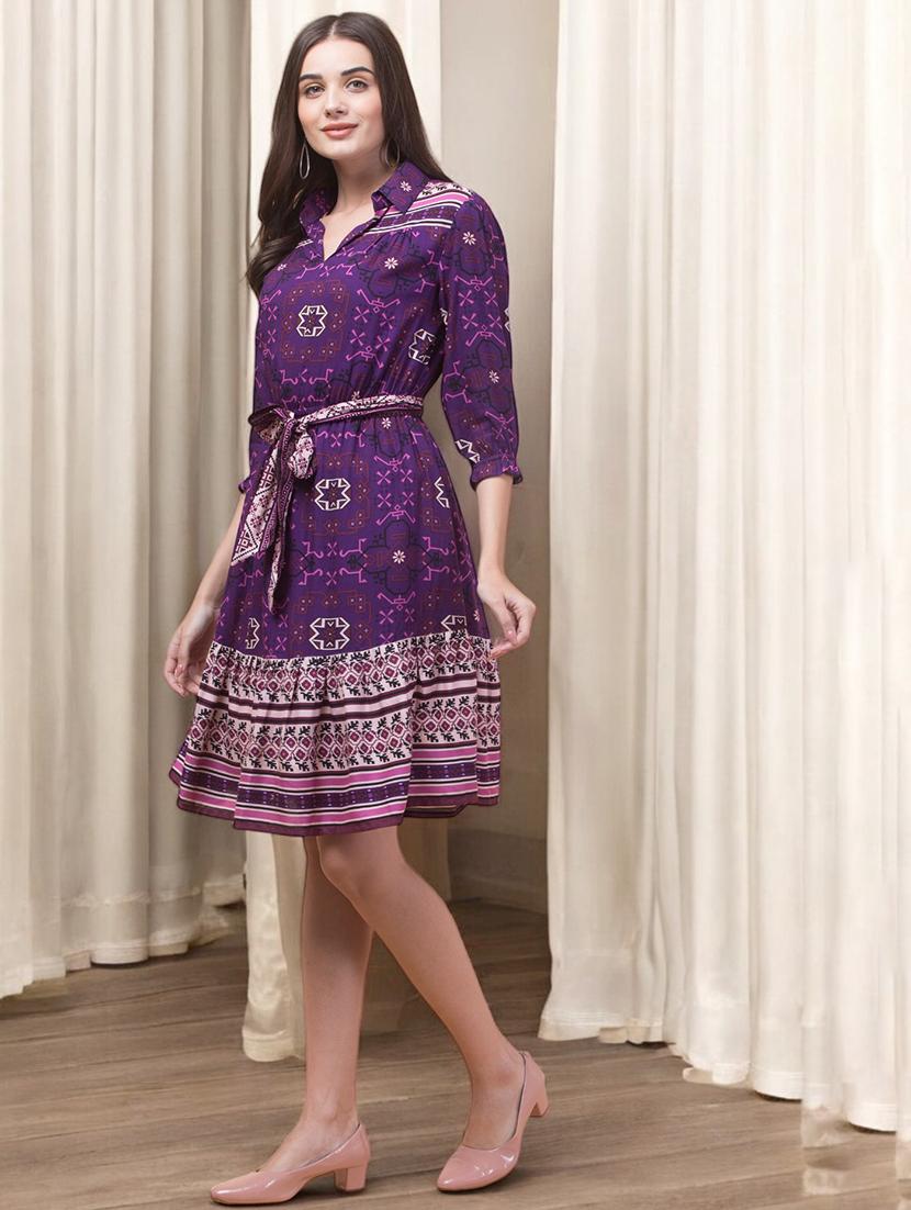 women printed puff sleeves fit & flare dress - 21747831 - Standard Image - 2