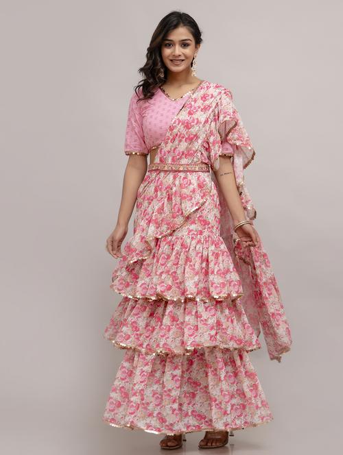 women floral printed ruffle party wear saree with blouse - 21747874 - Standard Image - 0