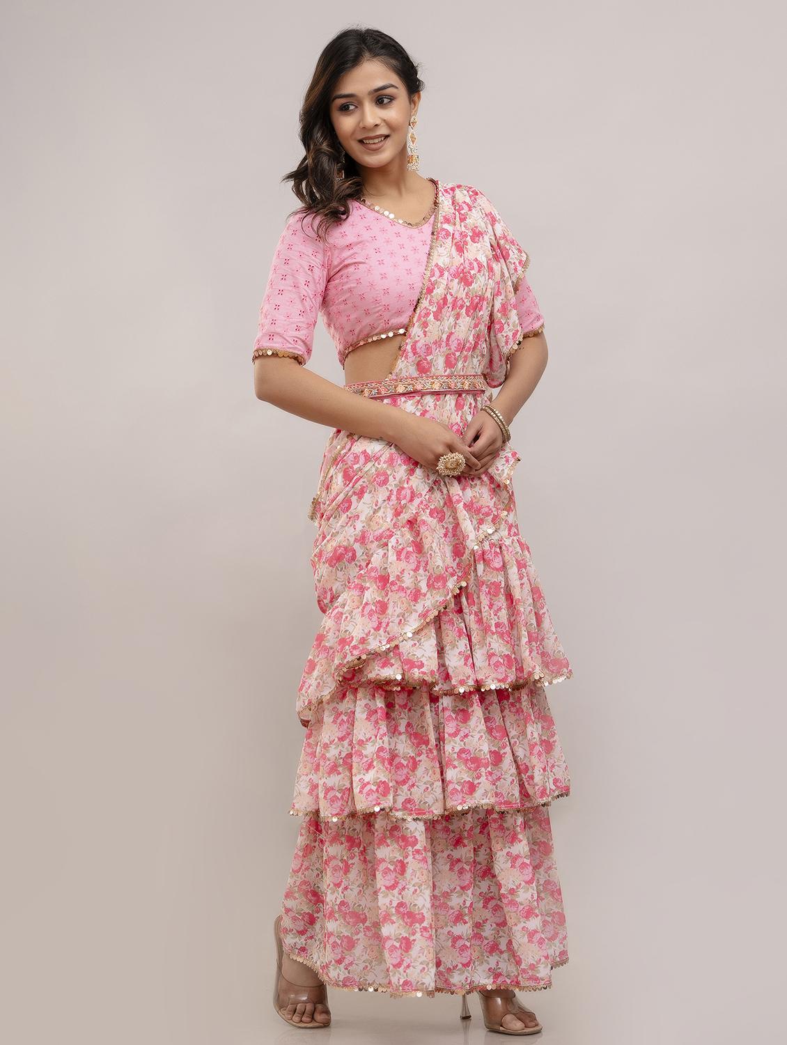 women floral printed ruffle party wear saree with blouse - 21747874 - Standard Image - 2