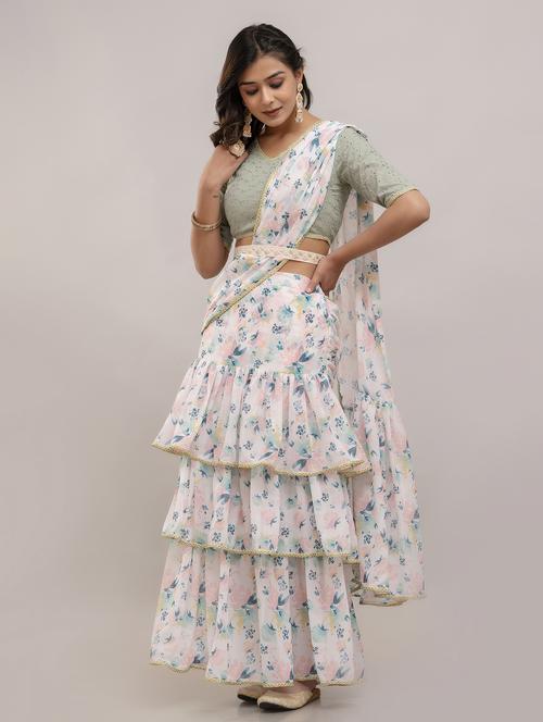 women floral printed ruffle party wear saree with blouse - 21747875 - Standard Image - 0