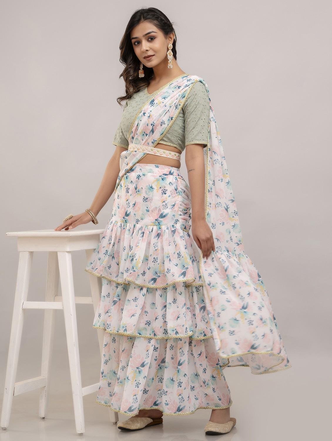 women floral printed ruffle party wear saree with blouse - 21747875 - Standard Image - 2
