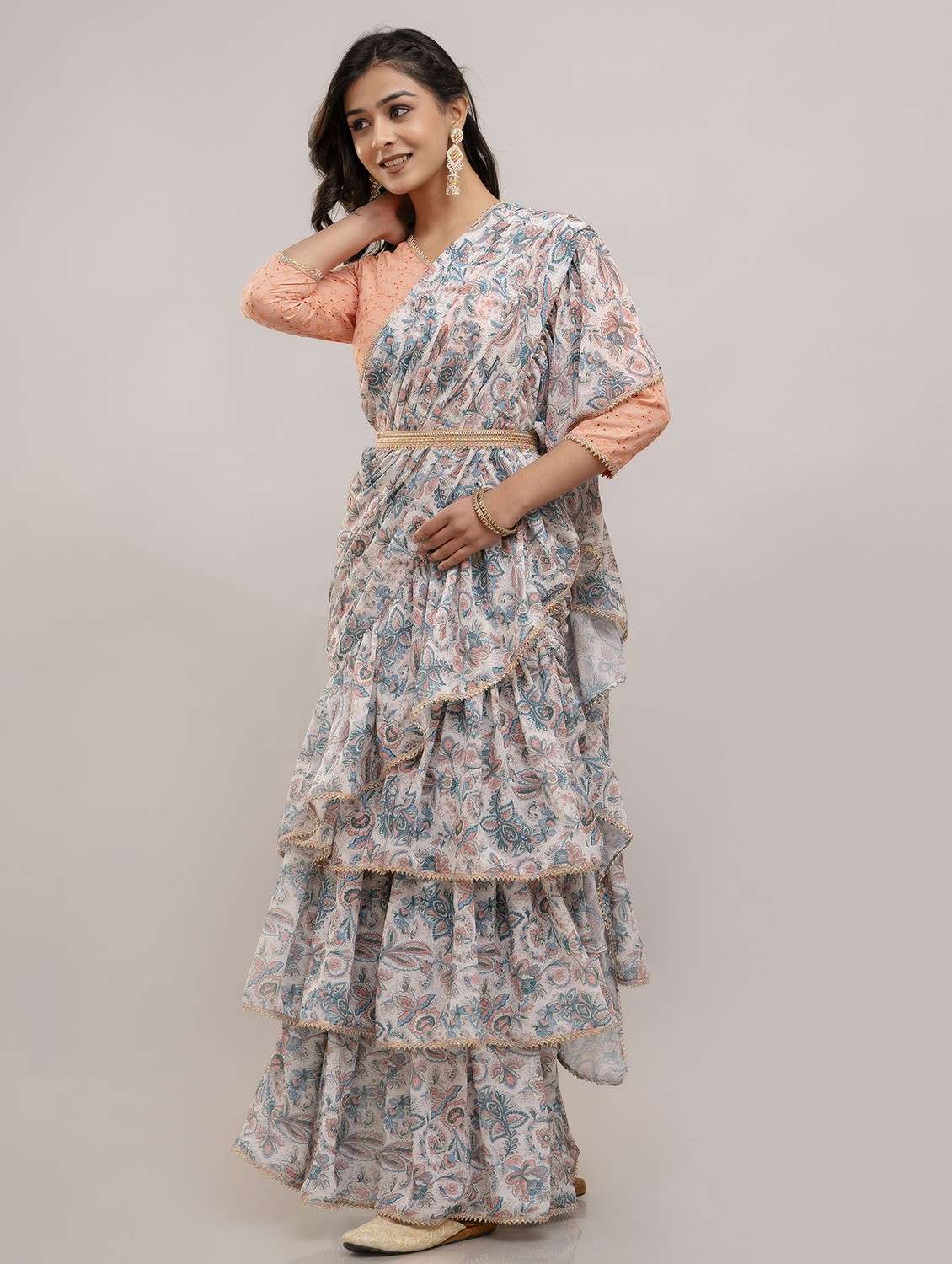 women floral printed ruffle party wear saree with blouse - 21747876 - Standard Image - 2