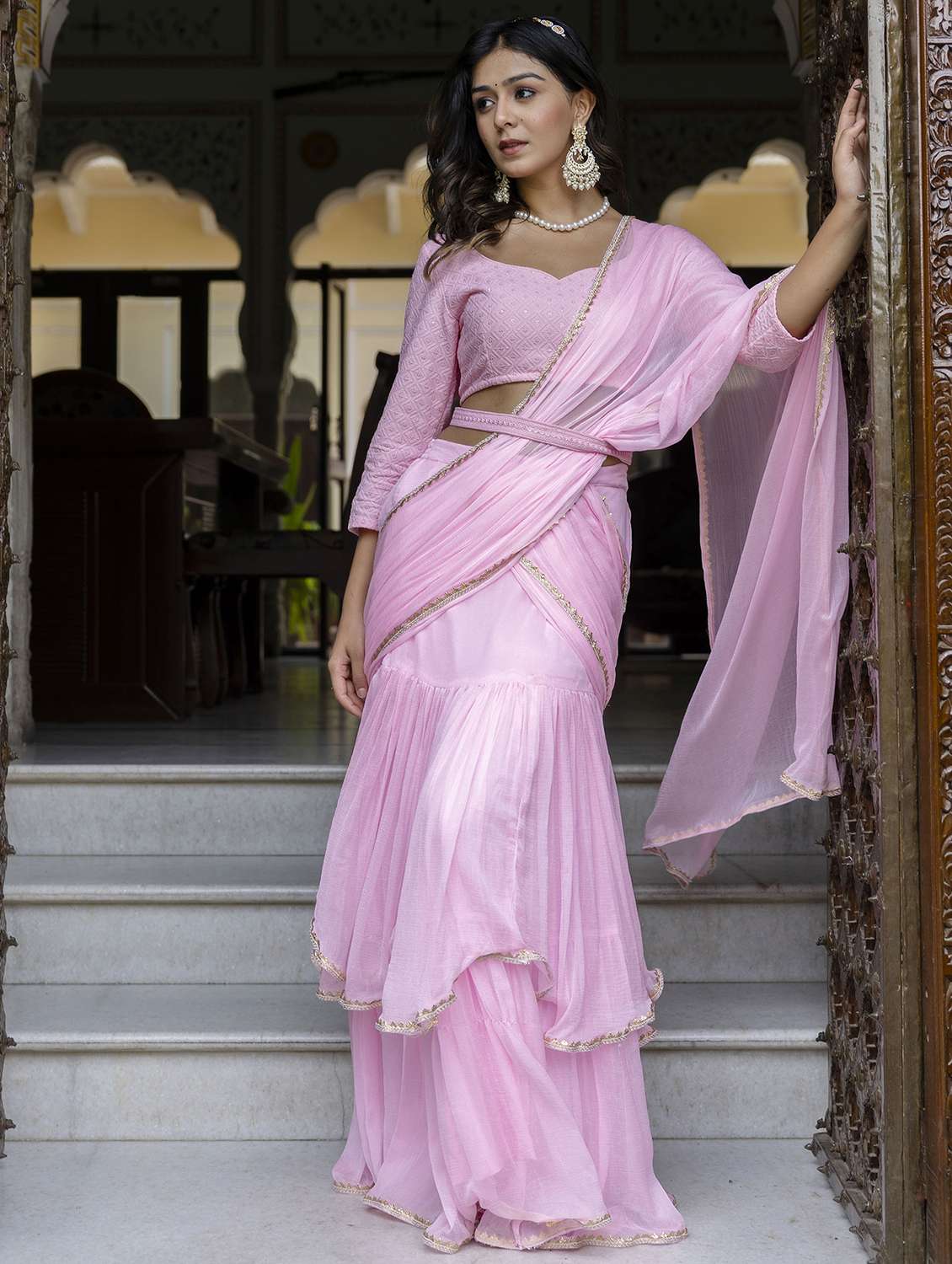 women pink solid ruffle party wear saree with blouse