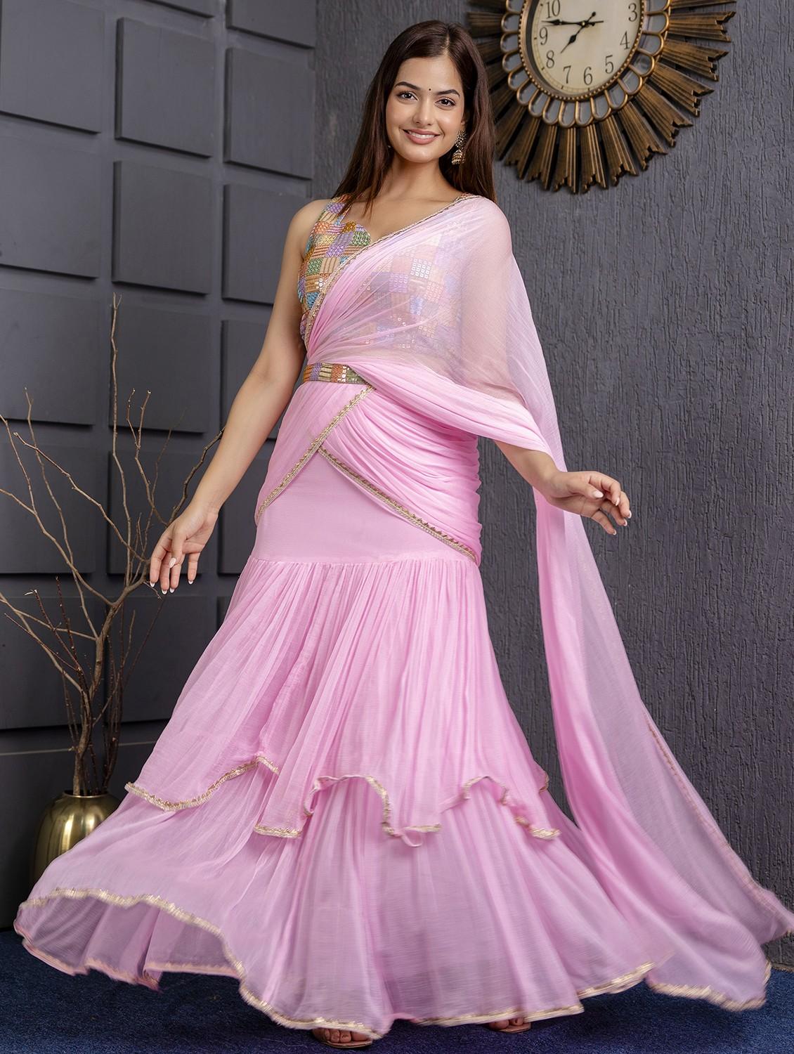 women pink solid ruffle party wear saree with blouse - 21747878 - Standard Image - 2