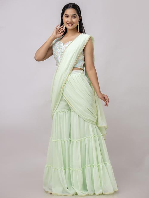 women neo mint solid ruffle party wear saree with blouse - 21747879 -  Standard Image - 0