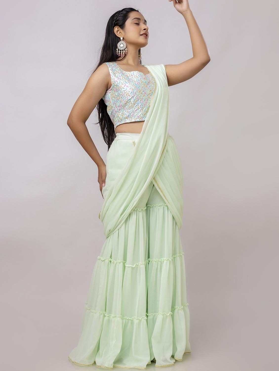 women neo mint solid ruffle party wear saree with blouse - 21747879 - Standard Image - 2