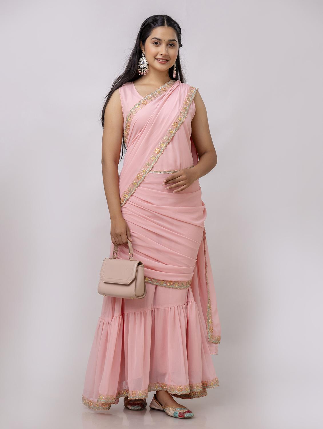 women pink solid ruffle party wear saree with blouse - 21747880 - Zoom Image - 0