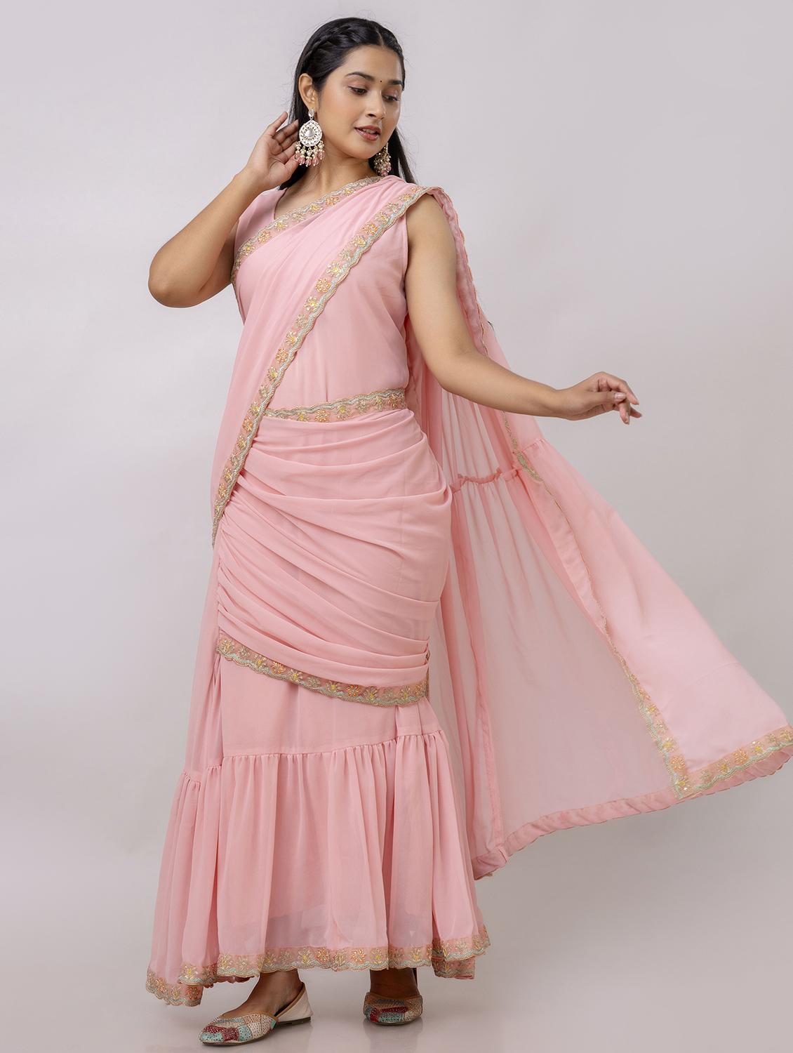 women pink solid ruffle party wear saree with blouse - 21747880 - Standard Image - 2
