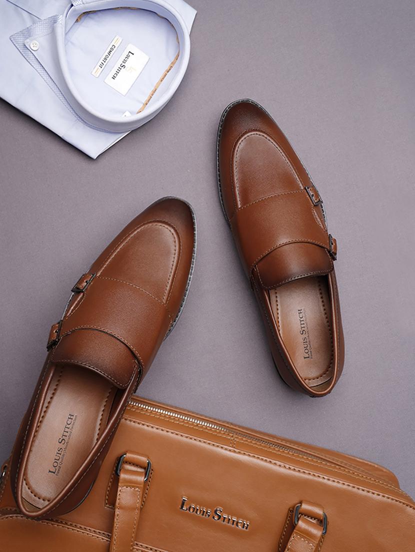 men tan slip on monk straps - 21747954 - Zoom Image - 0
